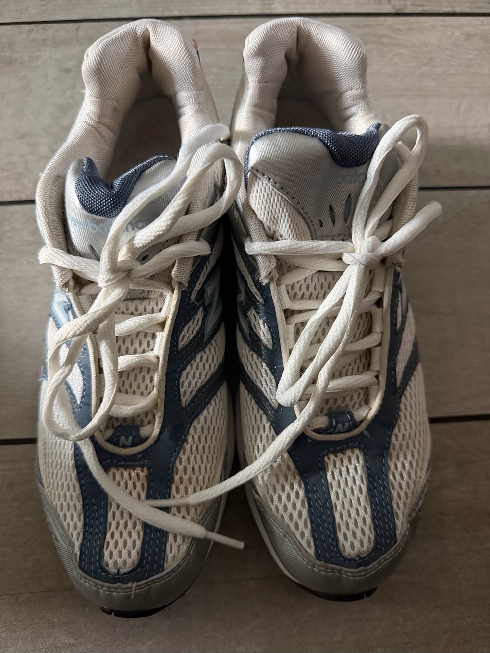 New Balance White and Blue Mesh Athletic Sneakers